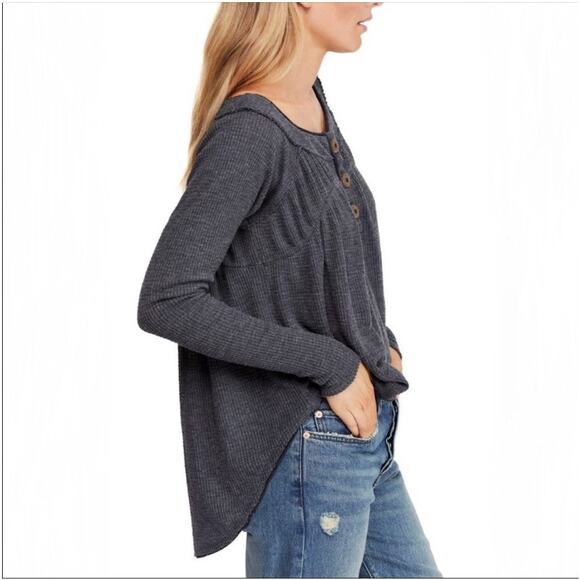 FREE PEOPLE We The Free Must Have Waffle Thermal Henley Top Gray, Size Small - Picture 2 of 13